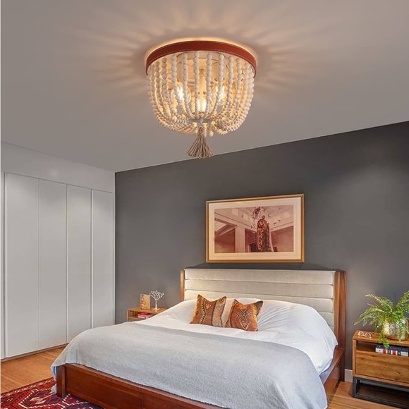 NEW Boho Wood Beaded Flush Mount Ceiling Lights Chandelier Fixture - Picture 6 of 10